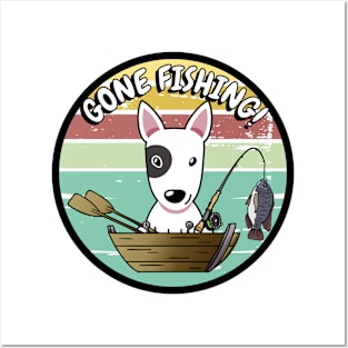 Cute bull terrier dog has gone fishing Posters and Art